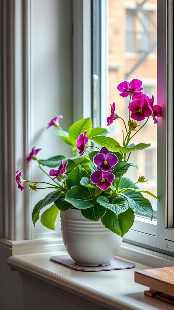 A vibrant African Violet plant with purple and pink flowers on a windowsill