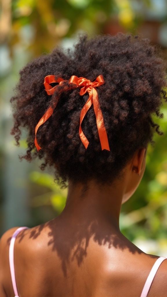 A close-up view of a person with natural afro puffs styled with bright orange ribbons.