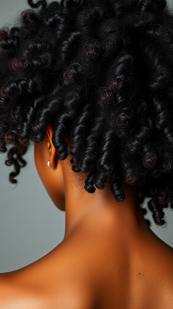 Back view of a woman with a beautifully defined afro hairstyle showcasing tight curls