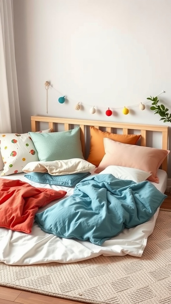 A cozy floor bed setup for toddlers with colorful bedding and soft pillows