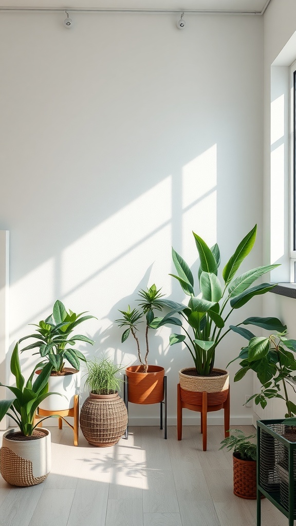 A bright room filled with various non-toxic house plants in decorative pots, showcasing their air-purifying benefits.