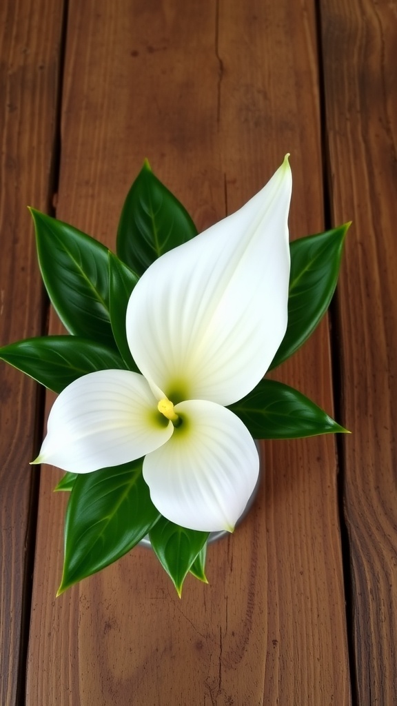 A Peace Lily plant with white flowers and green leaves on a wooden table