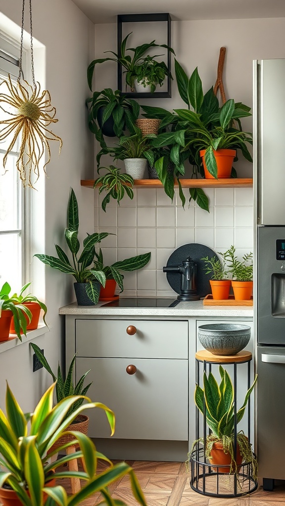 A bright kitchen corner filled with various air-purifying plants in pots, enhancing the space's freshness and aesthetic.