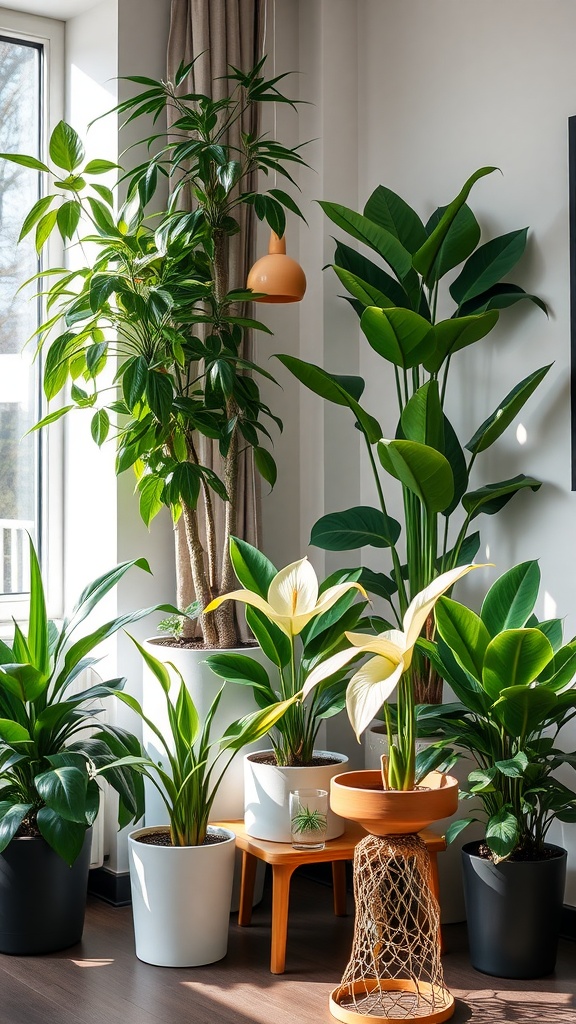 A bright room filled with various indoor plants, including peace lilies and pothos, arranged near a window.