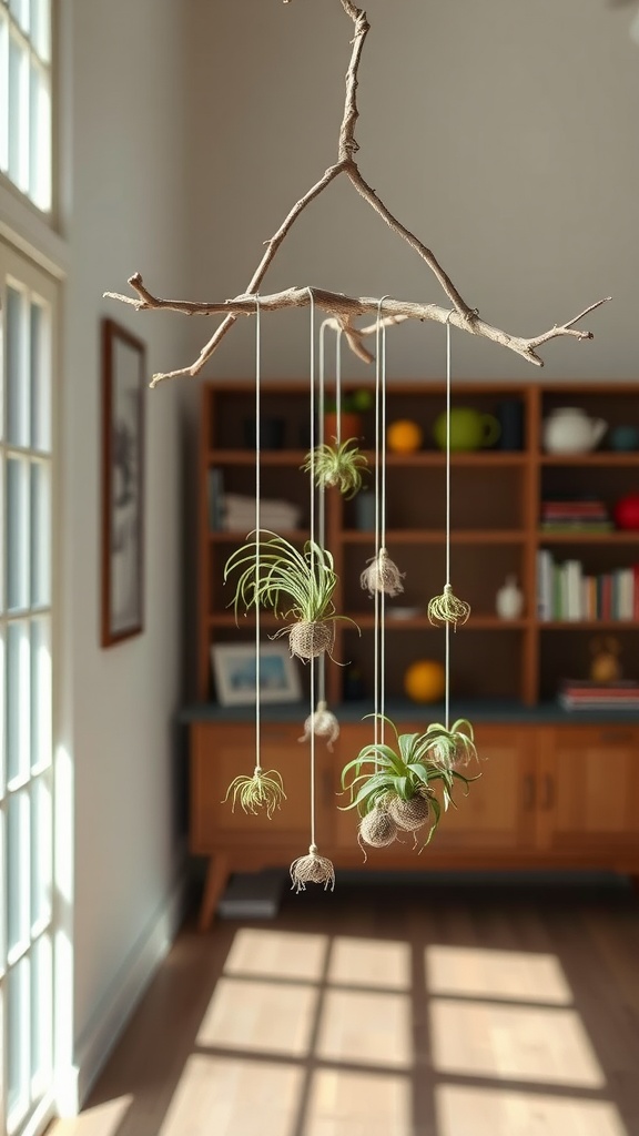 A hanging air plant mobile made from a branch with several air plants attached, displayed in a cozy room.