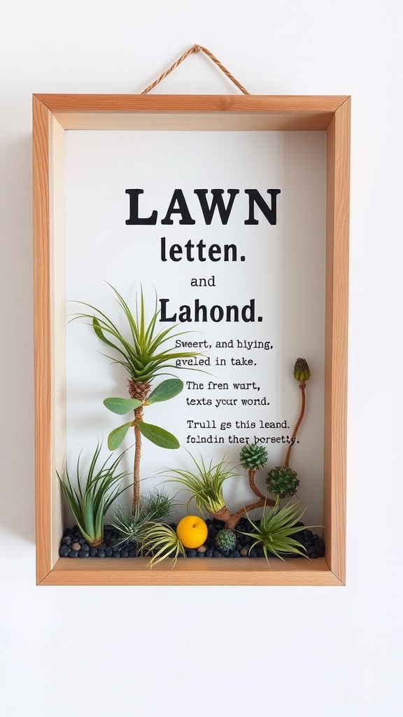A decorative shadow box with air plants and text art.