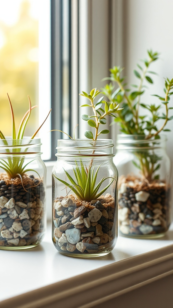 Air plants displayed in mason jars filled with rocks on a windowsill.