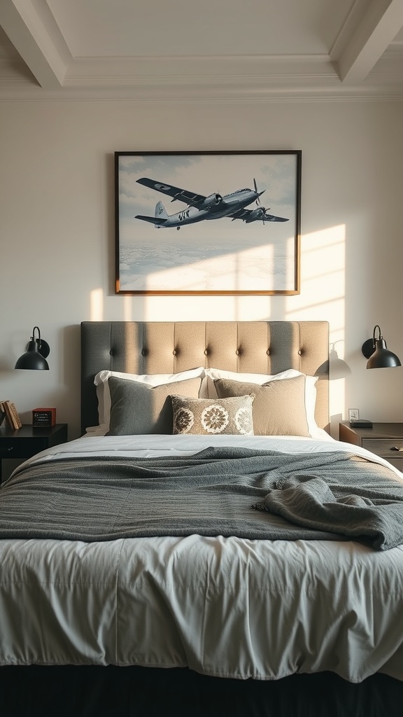 A stylish bedroom featuring airplane-themed decor with a large airplane print above the bed.