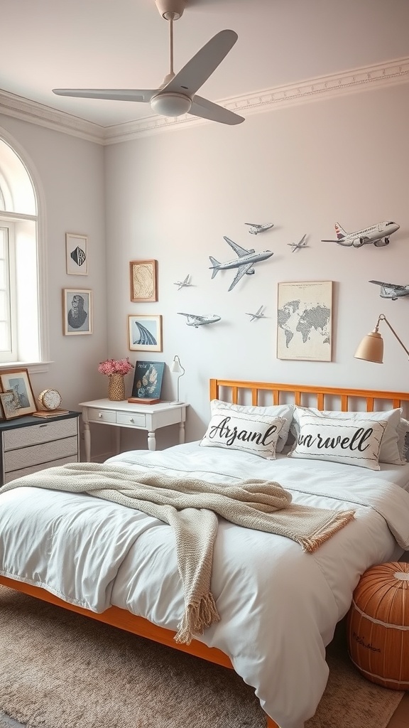 Cozy bedroom with airplane models on the wall and travel-themed decor