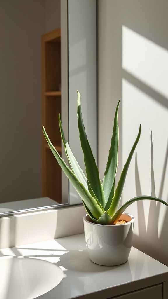 Aloe Vera plant in a white pot on a bathroom countertop, with sunlight casting shadows.