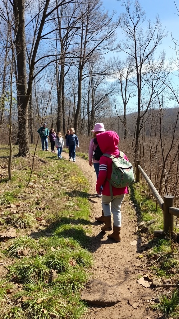 Children walking on a trail during an outdoor scavenger hunt.