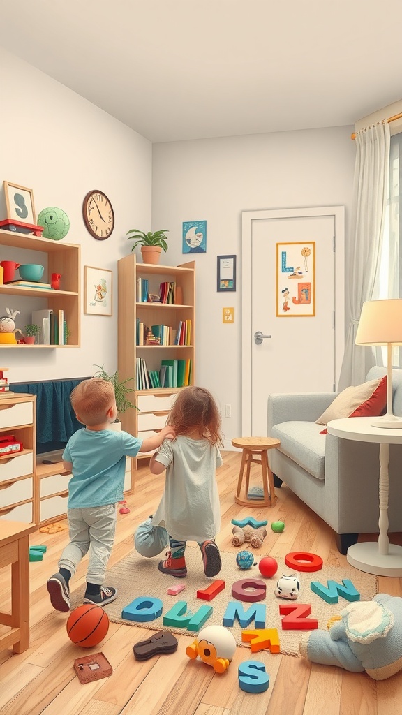 Two children participating in an alphabet scavenger hunt in a colorful indoor playroom.