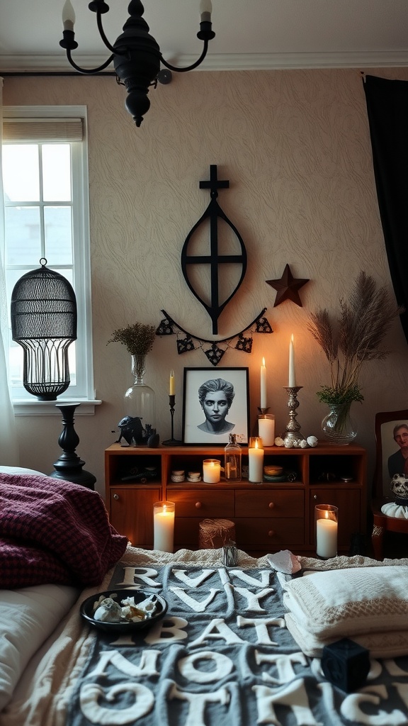 A cozy bedroom with an altar space featuring candles, a portrait, and decorative elements.