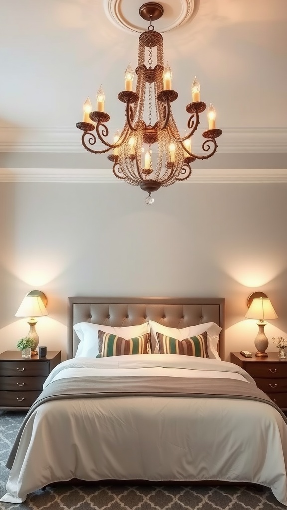A luxurious bedroom with a chandelier and bedside lamps creating warm ambient lighting.