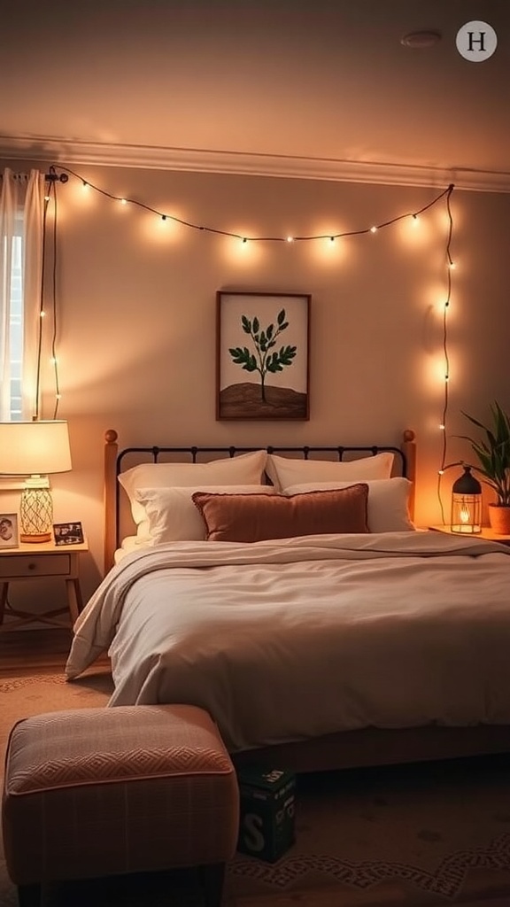 A cozy guest bedroom with warm ambient lighting from string lights and a bedside lamp.