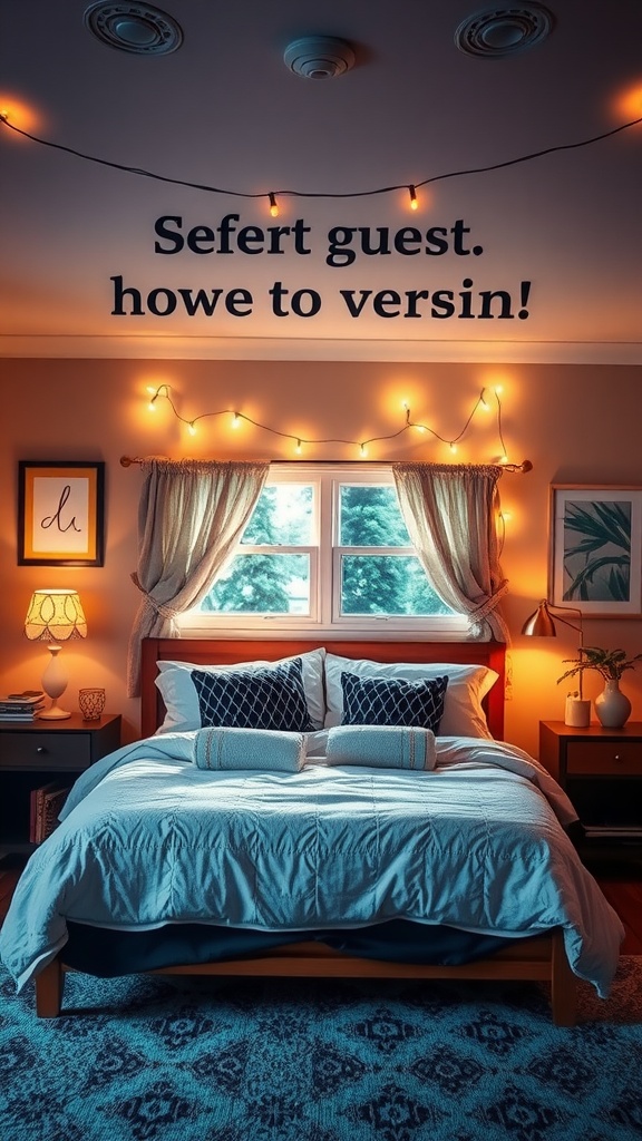 Cozy modern guest bedroom with ambient lighting and decorative elements