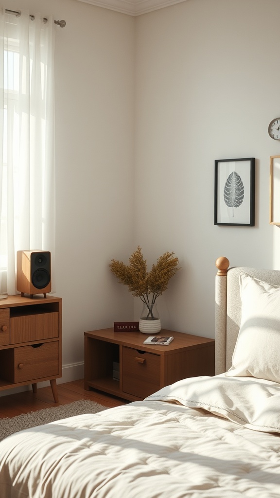 A cozy bedroom with soft lighting, a speaker, and natural decor.