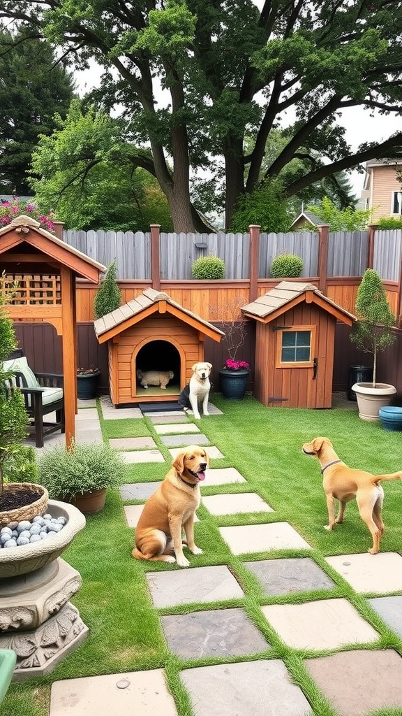 A backyard layout with dog houses, grass, and pathways for pets.