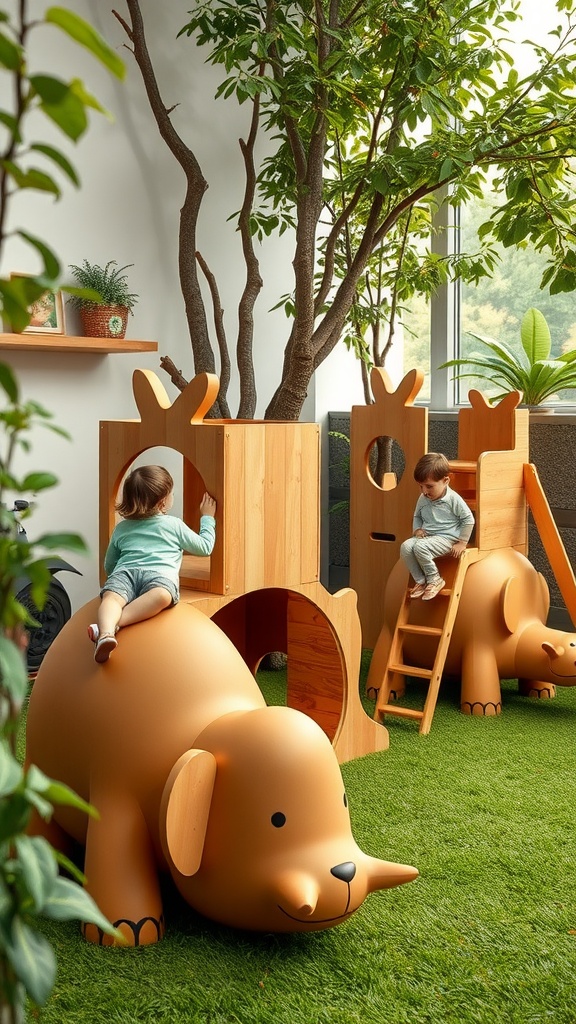 Children playing on animal-themed play equipment in a green outdoor area