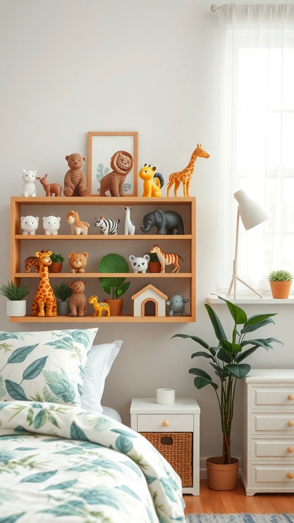 A shelf with various animal figurines in a jungle-themed bedroom, featuring a lion, giraffe, and elephant.