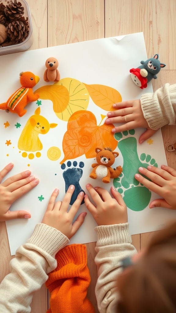 Children's hands making colorful animal footprint art on paper with soft toys around