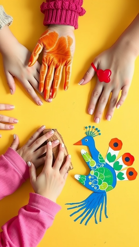 Colorful handprints and a peacock craft on a yellow background