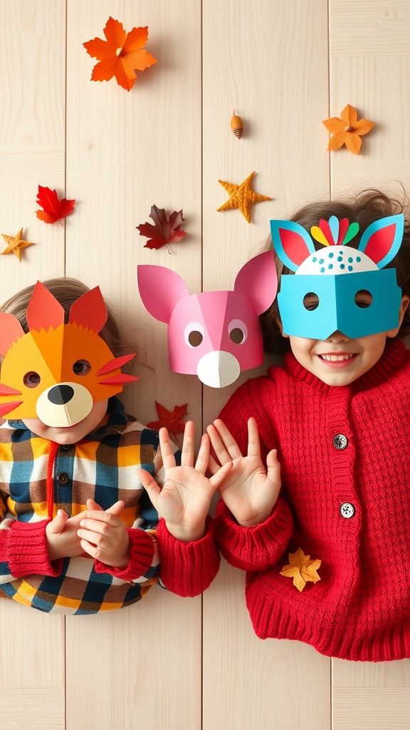 Two children wearing colorful animal masks, surrounded by autumn leaves.