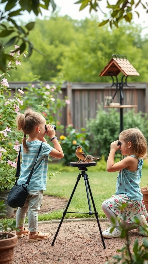 Two children using binoculars to observe birds at a backyard bird feeder