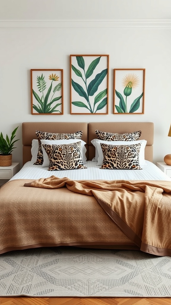 A jungle-themed bedroom featuring leopard print pillows, earthy bedding, and botanical wall art.