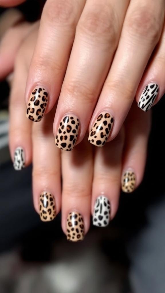 Short nails with animal print designs featuring zebra and tiger patterns.