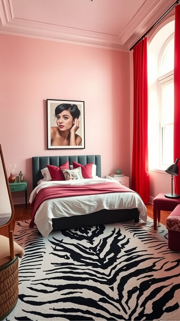 A stylish bedroom featuring a bold zebra print rug, pink walls, and colorful decor.