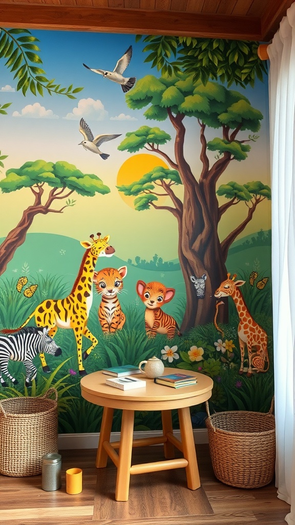 Colorful jungle-themed mural featuring friendly animals like a giraffe, lions, and zebras in a nursery setting.