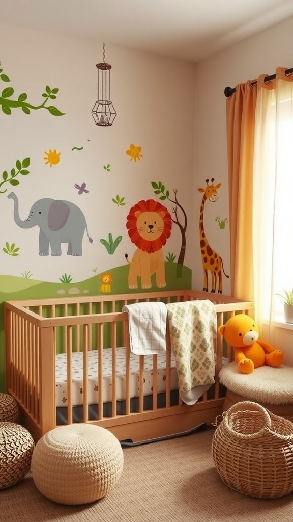 A cozy nursery room with an animal safari theme, featuring animal decals, a wooden crib, and soft furnishings.