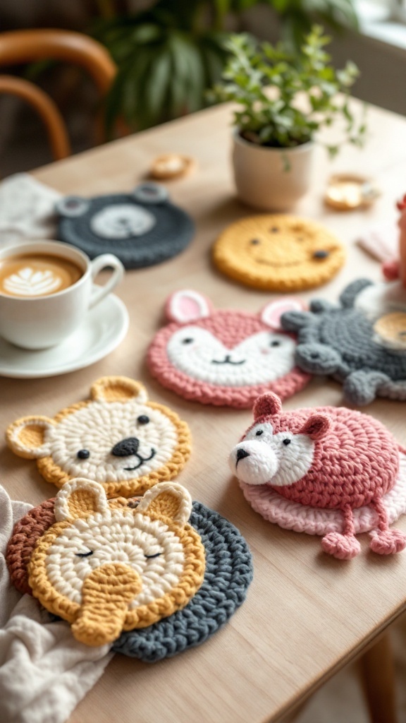 Colorful crochet animal coasters on a table with coffee and a plant.