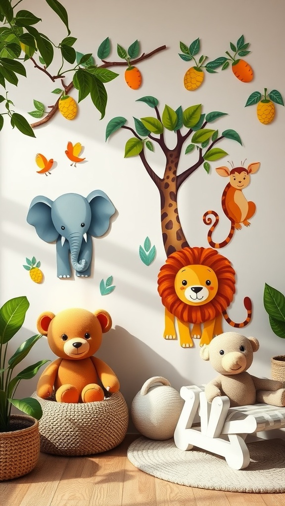 Colorful animal wall art featuring a lion, elephant, monkey, and birds in a jungle-themed nursery.