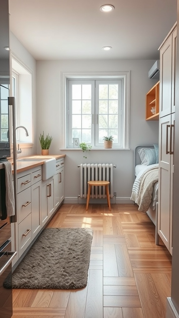A cozy kitchen with a soft anti-slip rug on the floor, featuring modern cabinetry and warm wood tones.