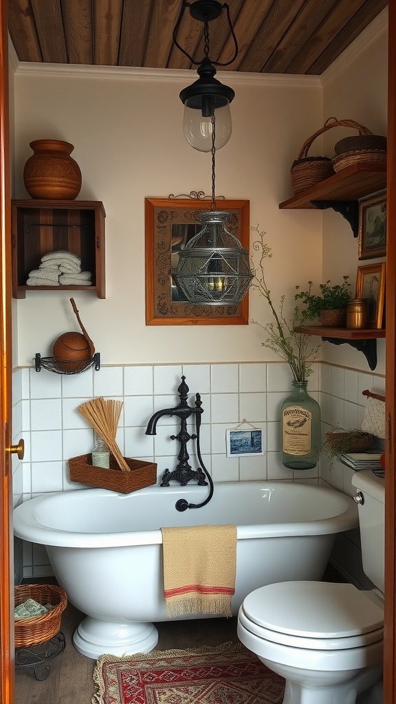 A small rustic bathroom featuring a clawfoot tub, warm lighting, and antique-style accessories.