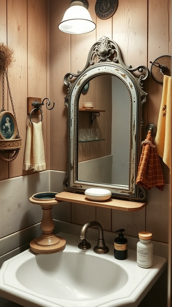 A rustic bathroom showcasing antique accessories, including an ornate mirror and wooden elements.