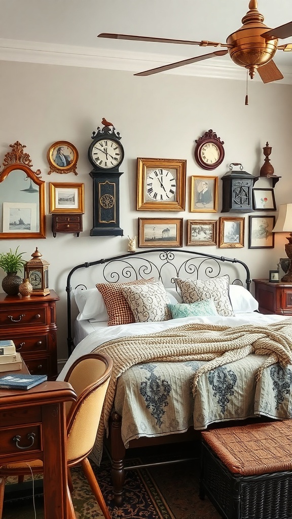 A cozy cottagecore bedroom featuring antique clocks, wooden furniture, and a warm color palette.