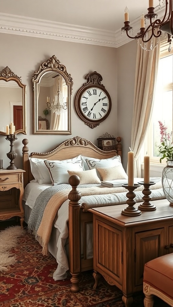 A cozy French country bedroom featuring antique mirrors, a vintage clock, and soft candlelight.