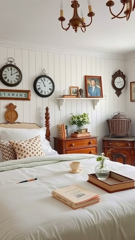 A cozy cottagecore bedroom featuring antique accessories like clocks, framed portraits, and vintage furniture.