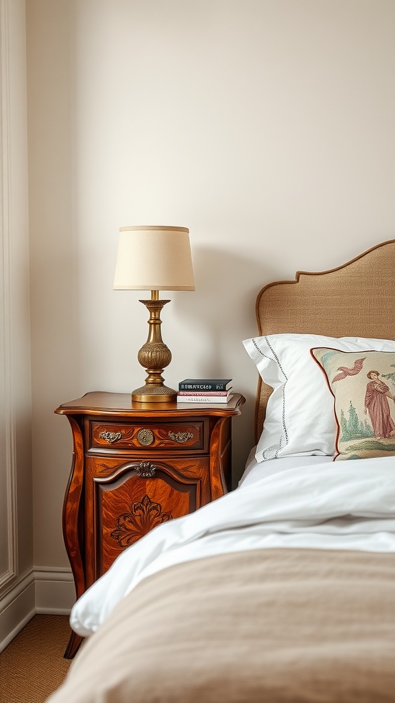 A beautifully crafted antique bedside table with a lamp and books beside a cozy bed.