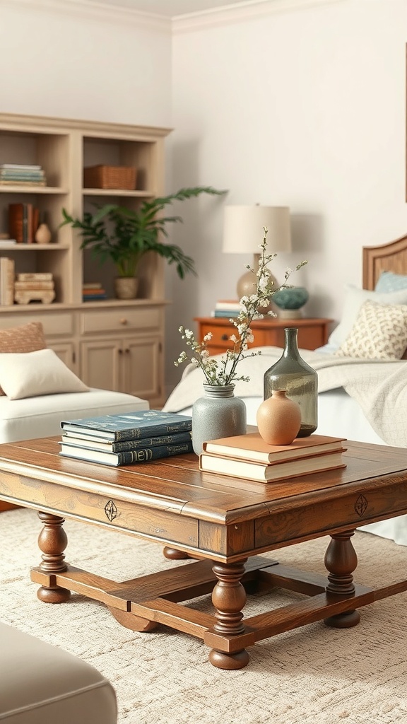 Antique coffee table with books and decorative vases in a cozy living room setting