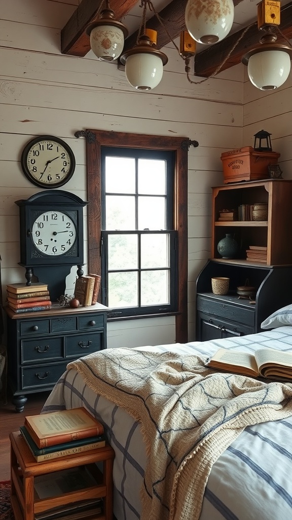 Cozy farmhouse bedroom with antique decor elements, showcasing a black clock, wooden furniture, and warm lighting.