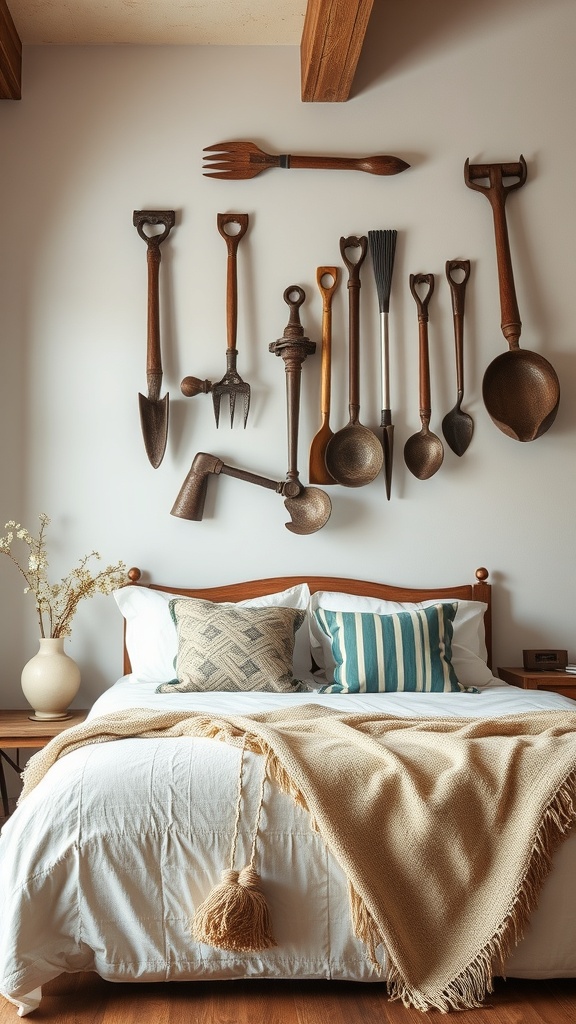 A collection of antique farm tools displayed on a wall above a bed, featuring wooden shovels, forks, and spoons.