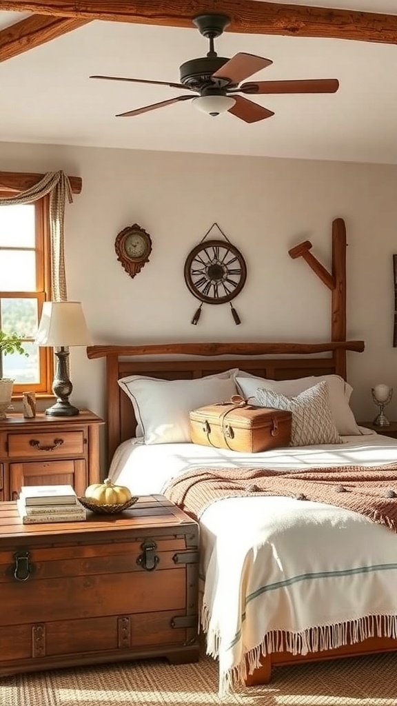 A cozy western bedroom featuring antique decor, including a wooden bed, vintage suitcase, and nautical-themed wall art.