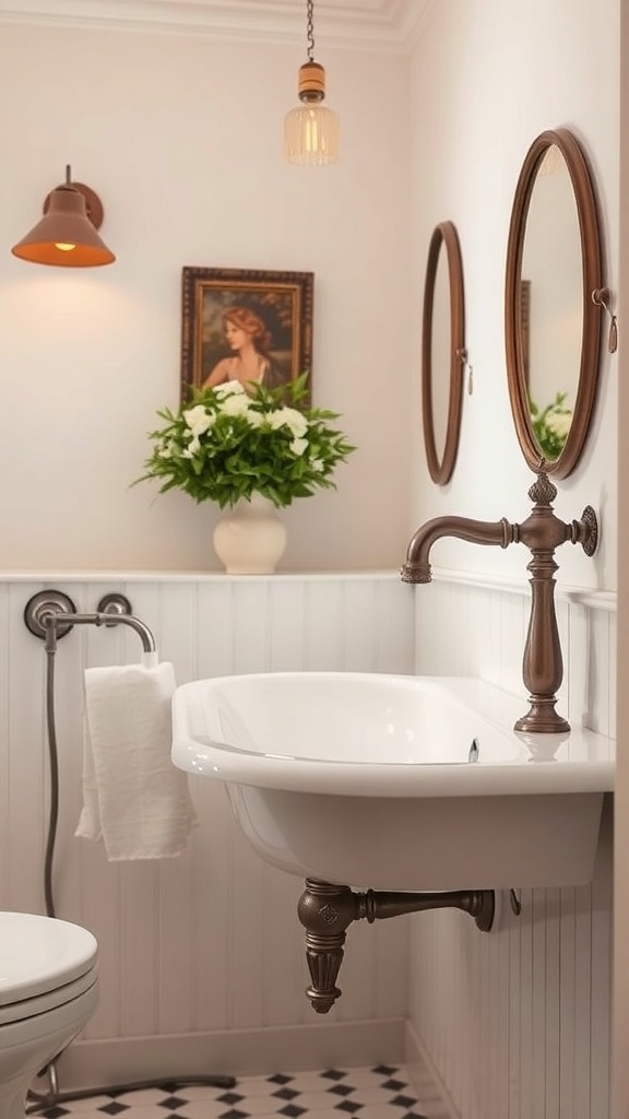 A cozy French country bathroom featuring an antique sink, vintage faucet, and warm lighting.