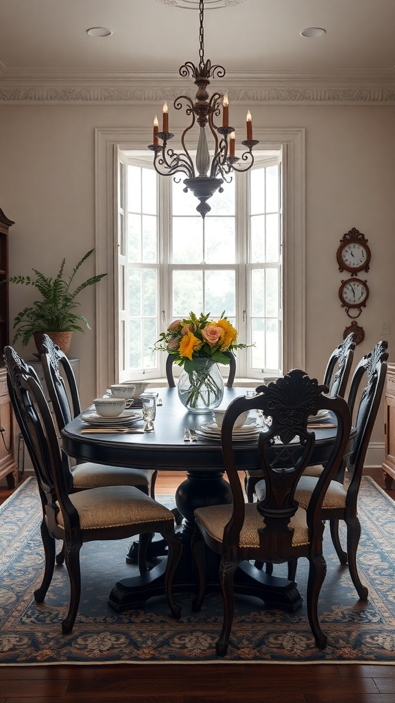 A Victorian kitchen featuring a dark wooden dining table with ornate chairs, a chandelier, and a vase of flowers.