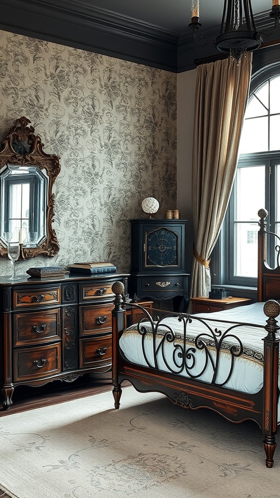 A gothic bedroom featuring antique furniture, including a dark wooden dresser, ornate mirror, and an intricately designed bed frame.