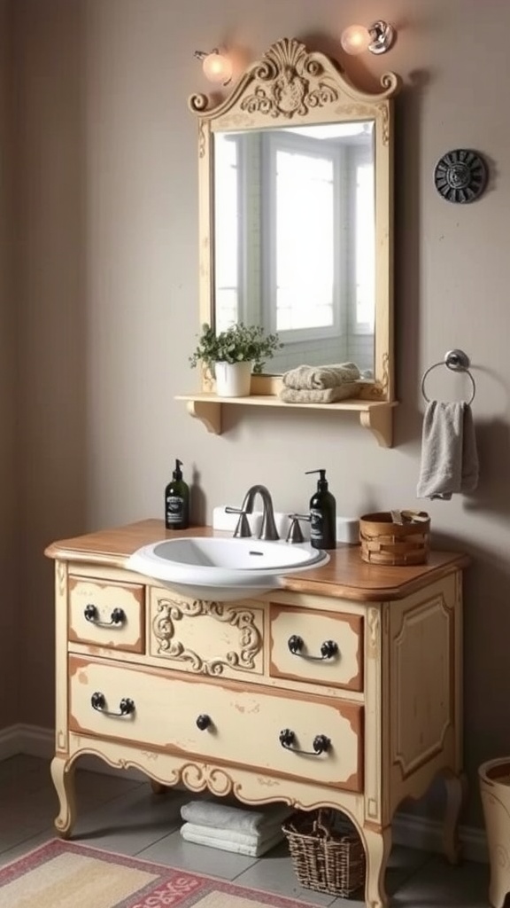 A vintage dresser repurposed as a bathroom sink with a stylish mirror above.